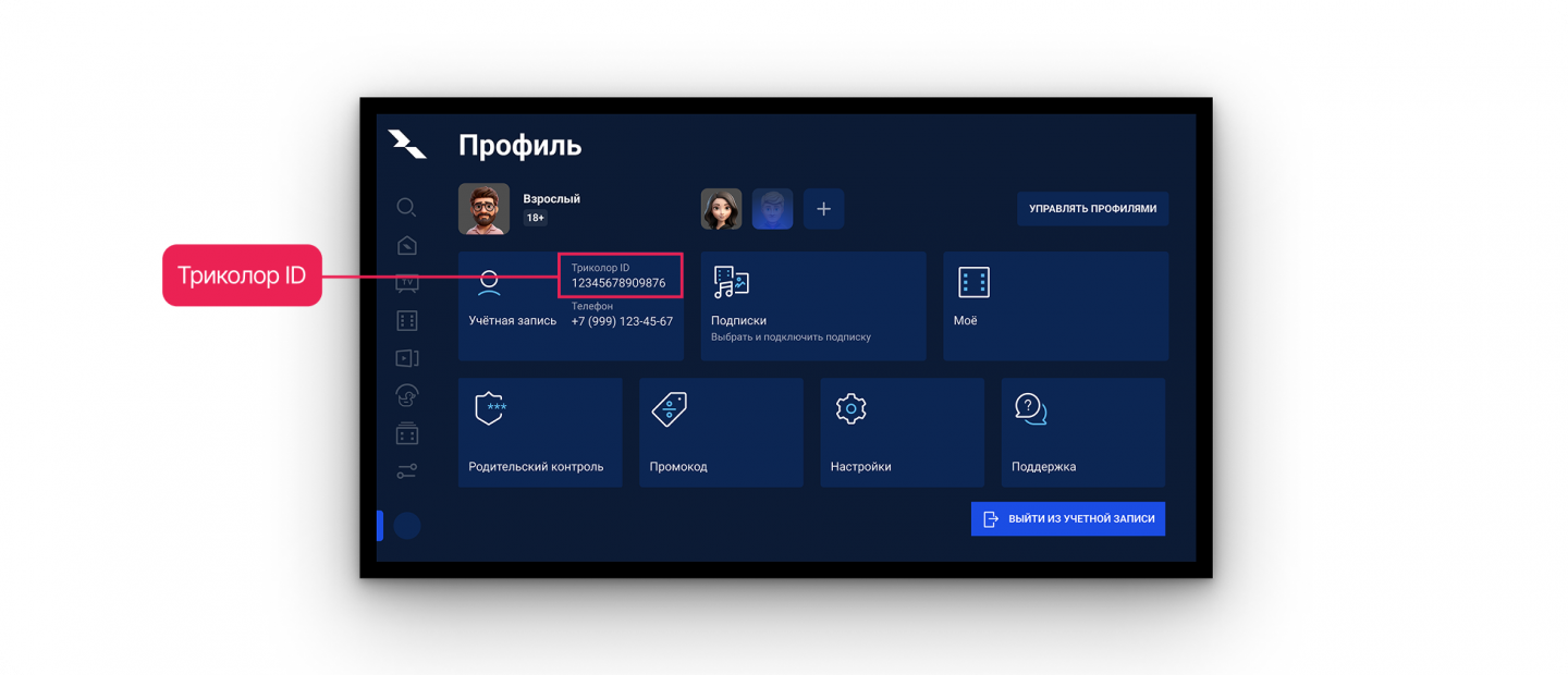 Триколор ID в&nbsp;приложении «Триколор Кино и&nbsp;ТВ» на&nbsp;Смарт ТВ в&nbsp;разделе «Профиль»